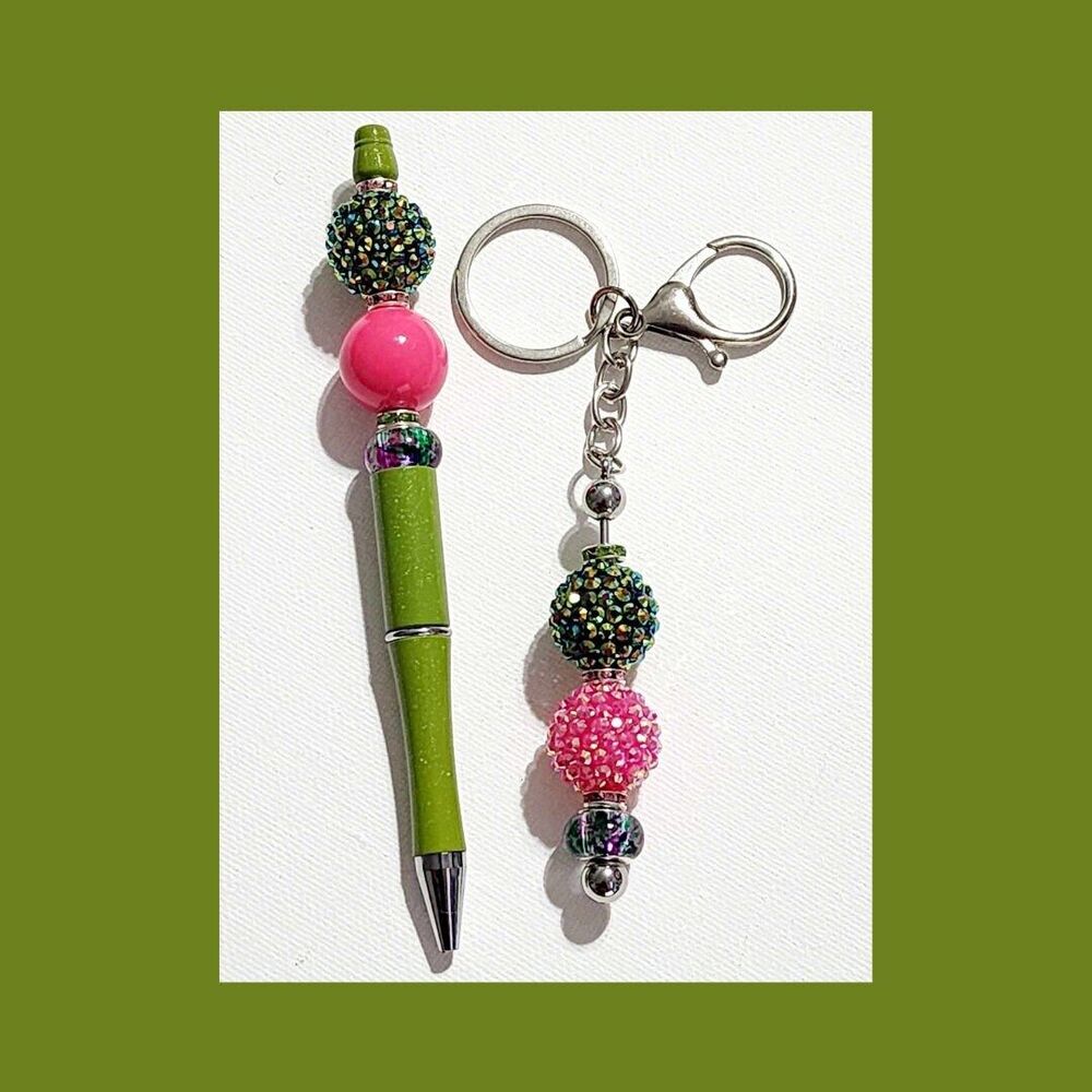 The "Beaded Beauty Pen & Keychain Collection" - Pink/Green